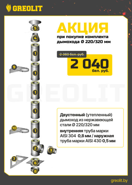 Комплект дымоходов 220/320мм из нержавеющей стали, толщина утепления 50мм