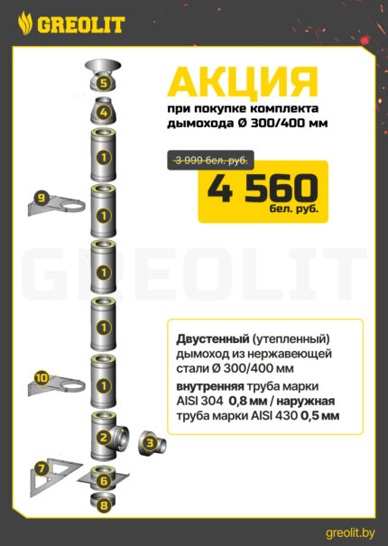 Комплект дымоходов 300/400мм из нержавеющей стали, толщина утепления 50мм